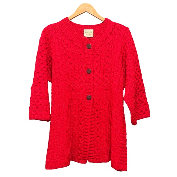 Kilronan Knitwear Merino Wool Cardigan Ireland Button Up Red Cable Knit XLarge - Picture 1 of 6